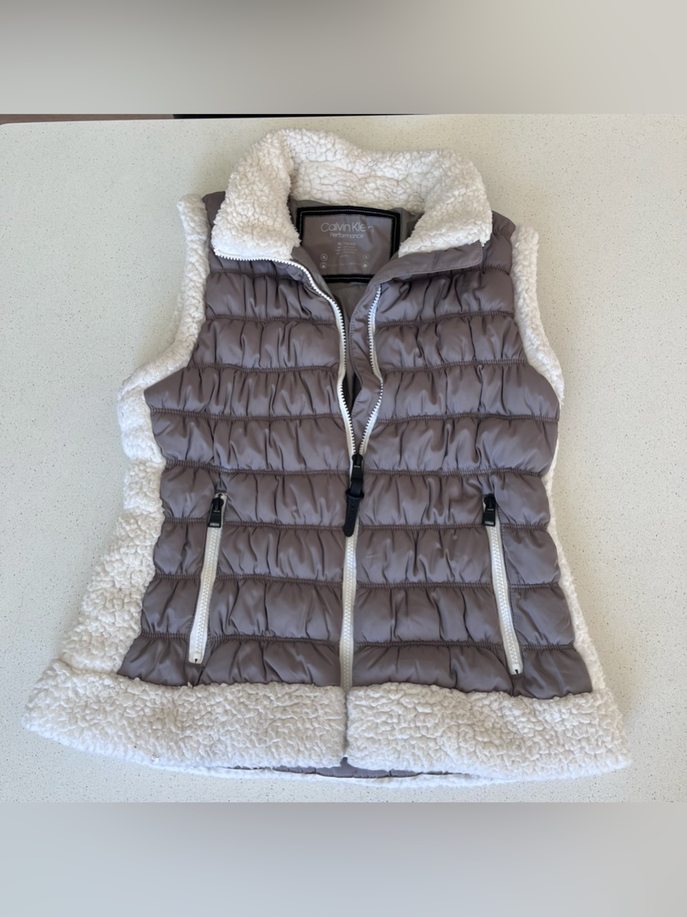 Calvin Klein Quilted Taupe Vest with White Sherpa Trim